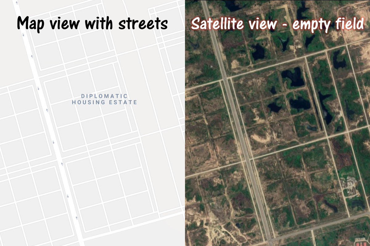 Map view and satellite view of the Diplomatic zone