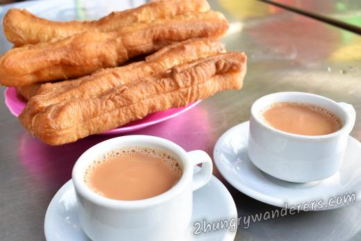 Tea house breakfast with sweet tea and Burmese donuts